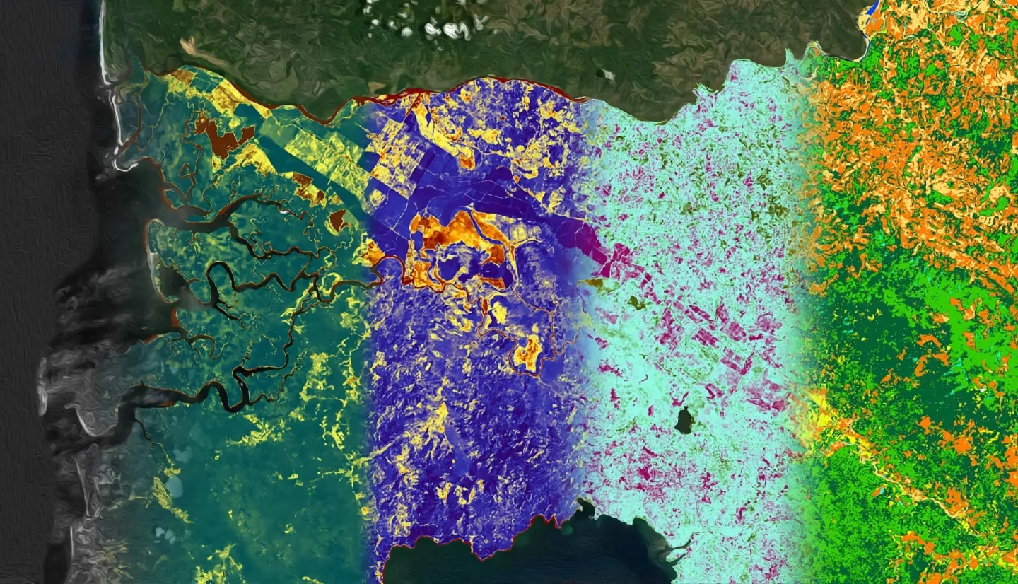 From left to right: 2018 through 2019 Normalized Difference Vegetation Index (NDVI), 2018 through 2019 Enhanced Vegetation Index (EVI), 1987 through 2019 EVI change, and 2018 land use/land cover classification derived from Landsat 5 TM and Landsat 8 OLI data. Dark green, purple, magenta, and green indicate areas of high or increased vegetation. These parameters helped assess habitat connectivity for a jaguar corridor in the southern part of Puntarenas province in Costa Rica.