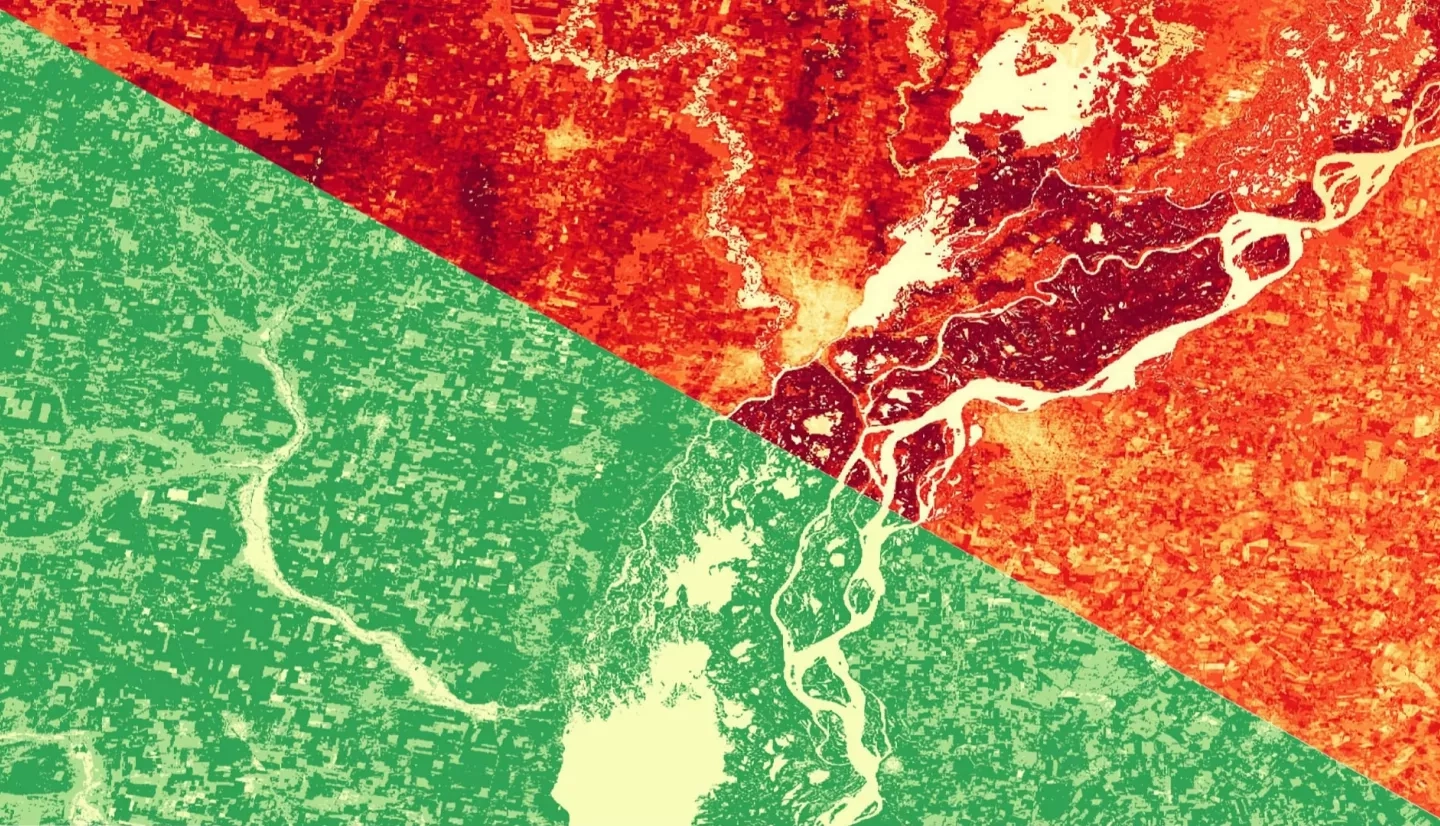 Evapotranspiration (ET) and Normalized Difference Vegetation Index (NDVI) processed imagery using 2019 Landsat 8 OLI and TIRS data through the EEFlux model for the region of Paranà, Argentina. Relatively warmer pixels of red in the upper right corner and green in the lower left corner represent higher values of ET and NDVI respectively. ET values allow users to determine water availability while NDVI values reveal vegetation richness.