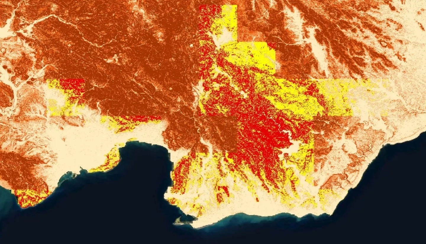Average GPM IMERG data (2018) combined with landslide susceptibility calculated using SRTM imagery (2000) serve as inputs for the Landslide Hazard Assessment for Situational Awareness (LHASA) model for the Dominican Republic Cordillera Central mountain range. This LHASA “nowcast” respectively shows high and moderate landslide potential in red and yellow, as well as high to low susceptibility to rainfall-triggered landslides in dark and light orange. With LHASA nowcasts, landslide hazard can be assessed in near real-time.