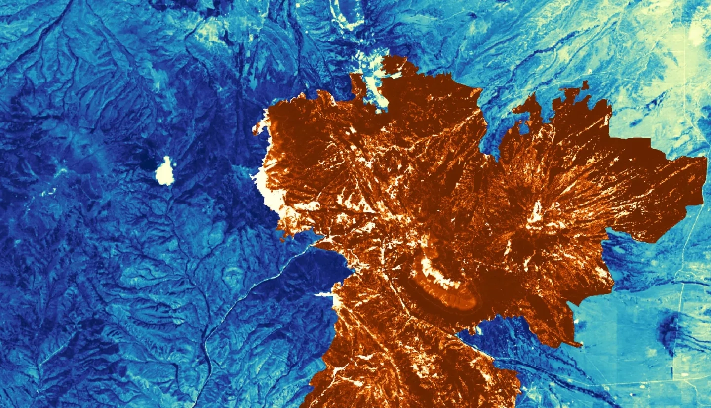 A model-produced feasibility map of aspen regeneration after the Spring Creek wildfire in 2018, (extent shown in red). This was overlaid on an NDVI-composite produced from Landsat 8 OLI Tier 1 surface reflectance (September 2019)(shown in shades of blue) of Trinchera Ranch in Southern Colorado. The model was trained on data from Landsat 8 OLI/TIRS, Sentinel-2 MSI, and SRTM from the Summer of 2017 and 2019 (before and after the fire, respectively). Areas most suitable for aspen regeneration after the disturbance are in yellow.   Keywords: Aspen, Wildfire, NDVI, Random Forest, Spring Creek, La Veta, Colorado, Landsat, Sentinel