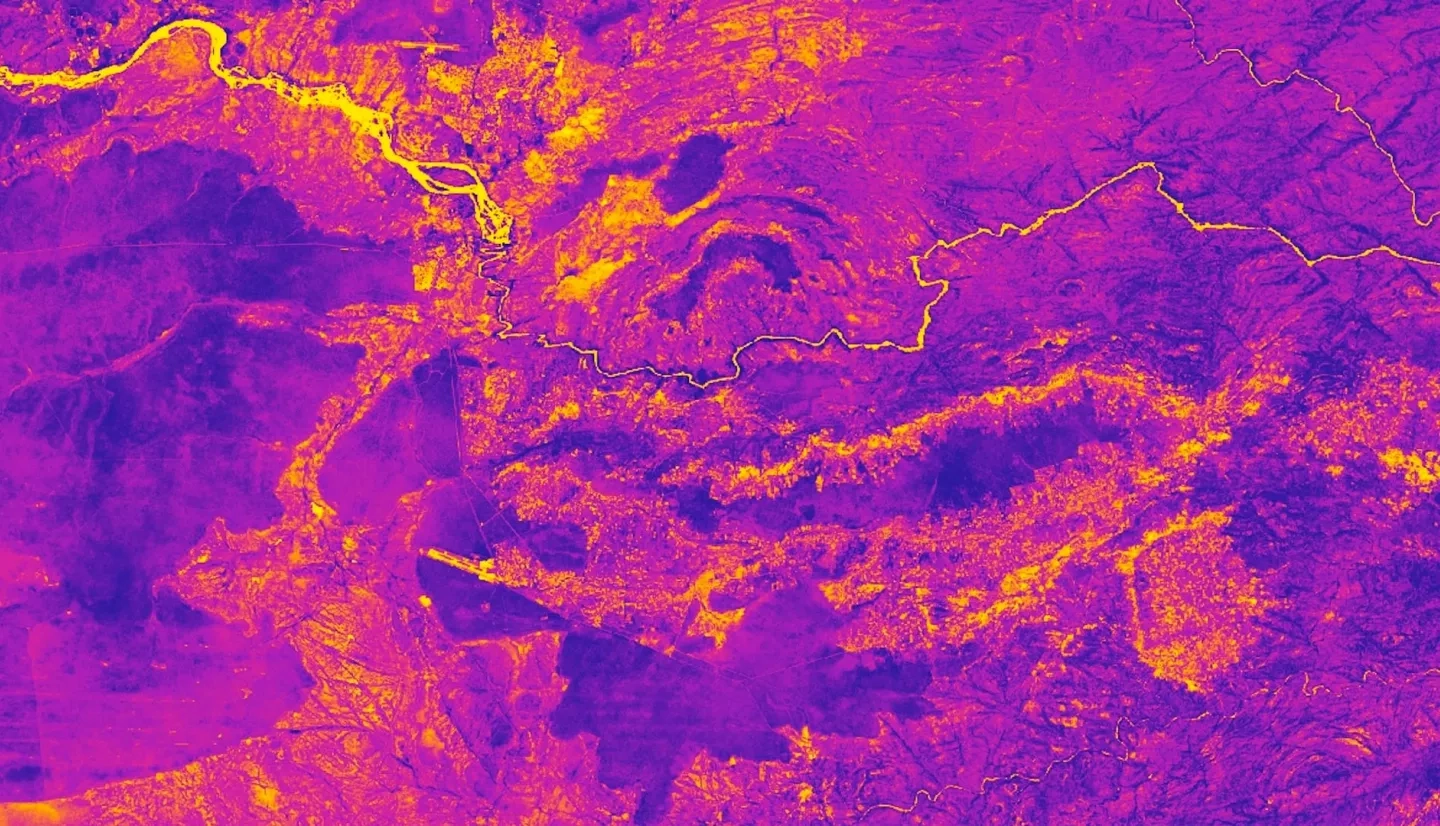 NDVI-processed imagery using Landsat 8 OLI data. Image is displaying Victoria Falls and its surrounding land area in Zimbabwe during the 2019 wet season (November – April). Darker shades of purple indicate healthier vegetation and brighter shades of yellow indicate less healthy vegetation. The yellow band in the right center of the image indicates agricultural plots where elephant crop raiding events have been recorded.   Keywords: NDVI, Zimbabwe, Victoria Falls, Human-Elephant Conflict, Climate, Vegetation, Elephant Habitat, Agriculture