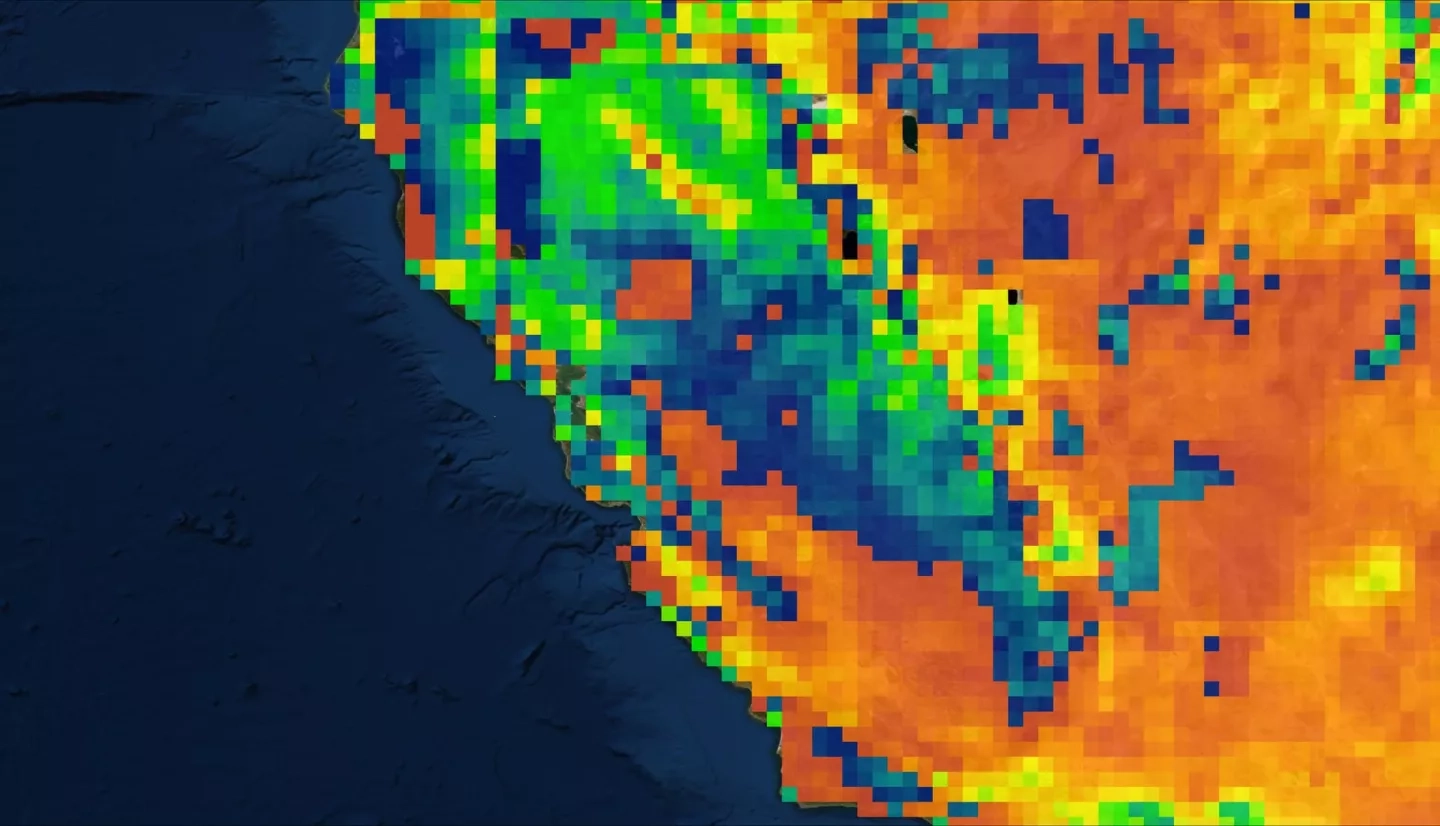 Downscaled satellite data from the Gravity Recovery and Climate Experiment (GRACE) missions evaluate Earth’s gravitational anomalies, and quantify the amount of subsurface groundwater. In the Central Valley of California, from February 2003 to January 2020, a color gradient from red to blue shows groundwater loss and gain respectively. This analysis shows that the southern portion of the valley is losing more groundwater than the northern portion over time.   Keywords: Central Valley, California, GRACE, Forrest Corcoran, Marissa Dudek, James Kitchens, Patrick Saylor