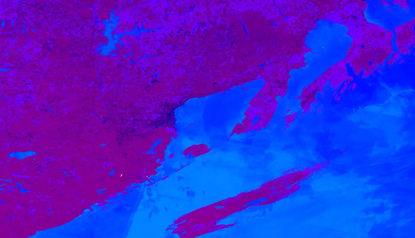 NDVI, MNDWI, and DSWE calculated using Landsat 8 OLI imagery (May-September 2019), blended with red, green, and blue color bands, respectively. The northern shore of Lake Superior is displayed, including Minnesota and Ontario. Areas of blue correspond to standing water, while dark purple areas correspond to dry uplands. Light purple areas represent likely wetland extent, where decision-makers can target conservation and monitoring efforts.  Keywords: Landsat 8 OLI, Lake Superior, DSWE, NDVI, MNDWI, Minnesota, Ontario, wetlands, wetland extent