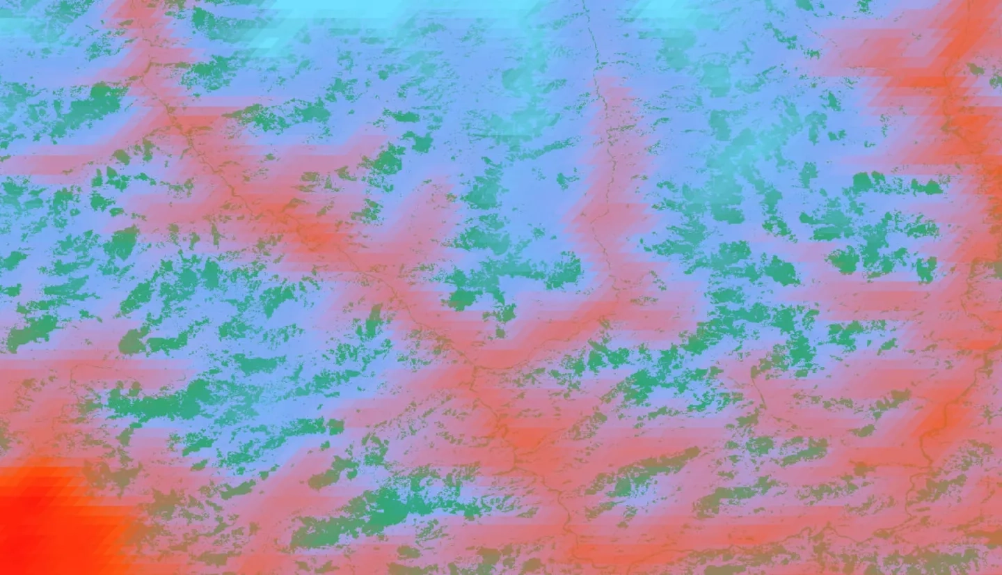 NDVI was processed from fall of 2019 using Landsat 8 Top Of Atmosphere imagery. Annual average land surface temperature (LST) was retrieved from MODIS for 2019. The area around Gelephu in the Southern part of Bhutan is displayed. Light blue represents low LST, red represents high LST, and medium range of LST is indicated by light purple. Healthier vegetation is indicated by green. Examining these variables can help partners in planning suitable elephant ecological corridors.   Keywords: Bhutan, Gelephu, Landsat 8 TOA, MODIS, NDVI, LST​
