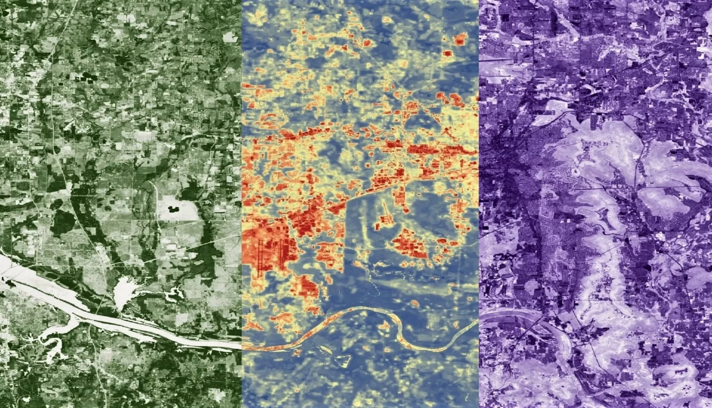 This image shows Landsat 8 OLI and TIRS imagery for Huntsville, Alabama averaged over the months of June, July, and August 2019. The imagery is processed (left to right): for NDVI with darker greens indicating higher NDVI and lighter greens indicating lower NDVI, LST with red indicating warmer temperatures, yellow indicating moderate temperatures, and blue indicating cooler temperatures, and NDBI with darker purple indicating higher NDBI and lighter purple indicating lower NDBI.   Keywords: Huntsville, Landsat, Urban Heat, Greta Paris, Thomas Quintero, Sabine Nix, Amanda Tomlinson​