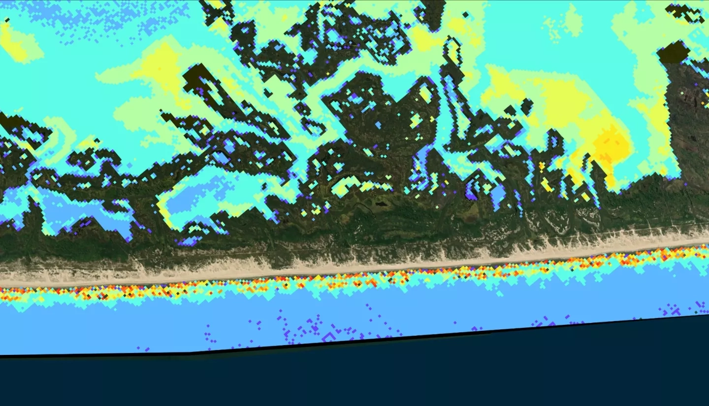 Nearshore turbidity created with 2020 Landsat 8 OLI red band (B3). Assateague Island, our study site, is located off the coast of Virginia and Maryland. Red shades suggest high turbidity, light green and yellow shades suggest moderate turbidity and blue and purple shades show low turbidity. Knowing the extent of turbidity allows the team to examine how natural longshore currents are moving sediment deposited by the US Army Corps of Engineers. This is important for both the geological integrity of the island and threatened species depend on sediment replenishment.  Keywords: Turbidity, ORCAA, ocean color, bathymetry, sediment transport