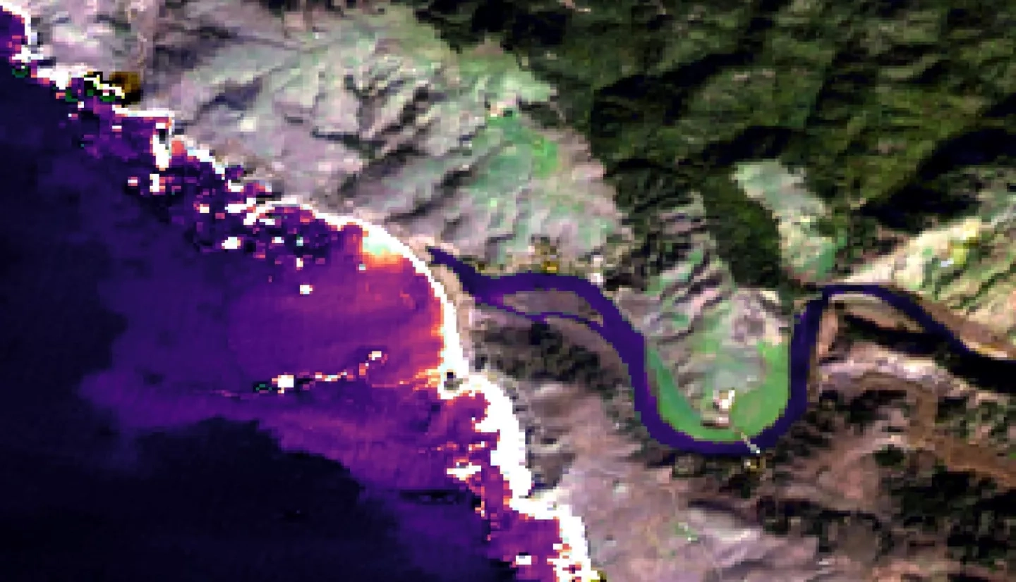 A turbidity algorithm was applied to visualize plume and estuary conditions in Landsat 8 OLI imagery taken on 01/23/2021 for the Russian River bar-built estuary, California. In areas of water, light orange indicates high turbidity and dark violet indicates low turbidity. Land is displayed with a true color band combination. Turbid waters can indicate poor water quality, as these conditions reduce the amount of sunlight available for photosynthesis in phytoplankton and algae that live in the water. As such, the visualization of turbidity informs conservation agencies on estuary conditions. Image created by Karina Alvarez, Rachel Darling, and Alexander Gunnerson.  Keywords: turbidity, water