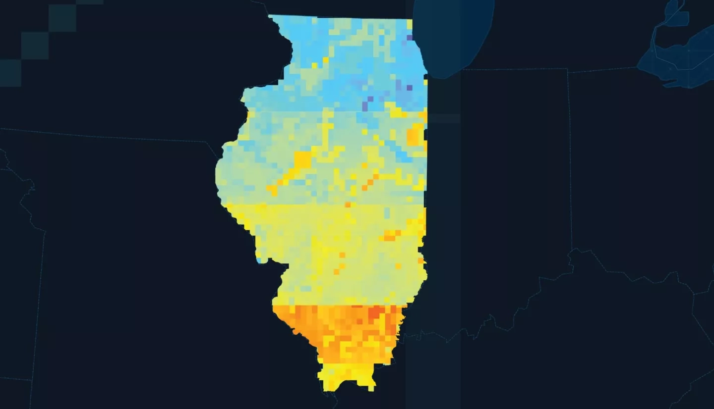 Soil moisture values in Illinois, USA, are displayed in each grid cell through processed SMAP L-Band Surface and Root Zone Moisture Level 4 data. Each segment of the state outline (top to bottom) represents daily soil moisture averages collected on a quarterly interval in 2020. Red values indicate low soil moisture, while blue values indicate high soil moisture. Low soil moisture can inform periods of drought, an important consideration for water resource budgeting.  Keywords: SMAP L-Band, soil moisture, NOAA, Illinois Climate Network, ESRI, Joshua Green, Julia Marturano, Emma Myrick, Kyle Pecsok, Victor Schultz