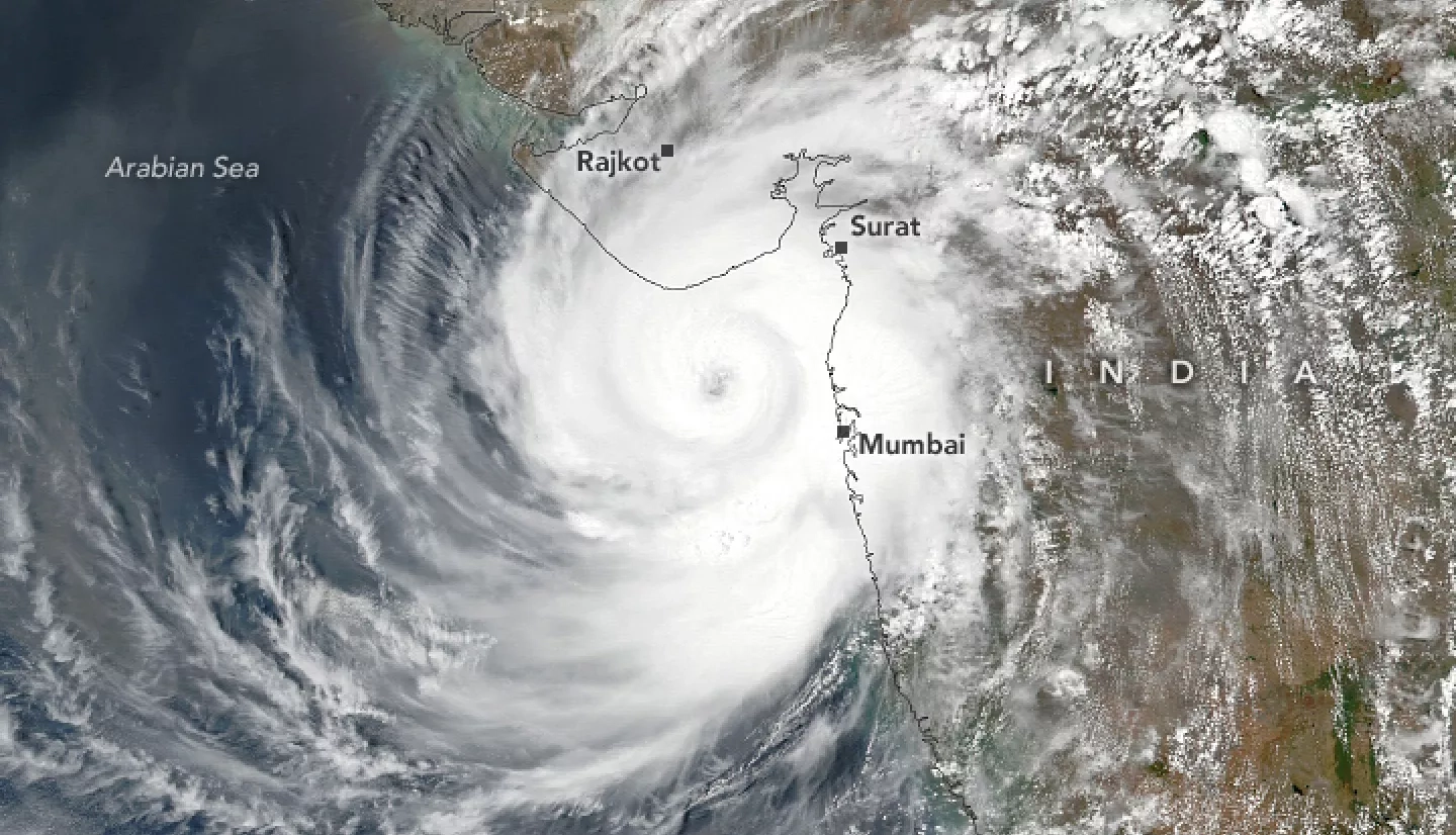 The Visible Infrared Imaging Radiometer Suite (VIIRS) on the NASA-NOAA Suomi NPP satellite acquired this natural-color image of the storm a few hours before it made landfall between Porbandar and Mahuva. The image uses VIIRS data from NASA EOSDIS LANCE, GIBS/Worldview, and the Suomi National Polar-orbiting Partnership Credits: NASA/Lauren Dauphin
