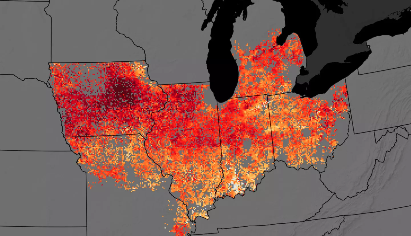 Map of Midwest U.S. states with shades of red and orange indicating impact on crop yield