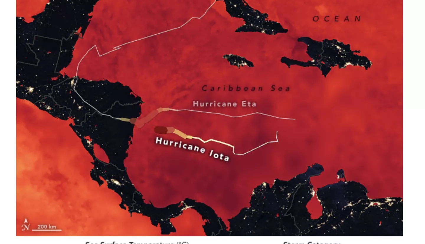 A map showing the tracks of Hurricane Iota and Hurricane Eta overlaid on a map of sea surface temperatures in the Caribbean Sea and the Gulf of Mexico as measured on Nov. 15, 2020.