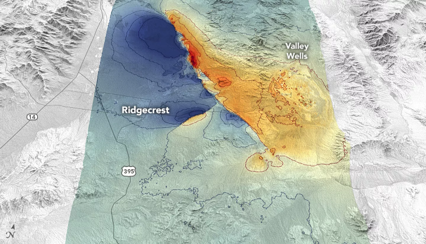 map showing area around Ridgecrest, California with shades of blues, greens, oranges, and reds representing amount of ground displacement