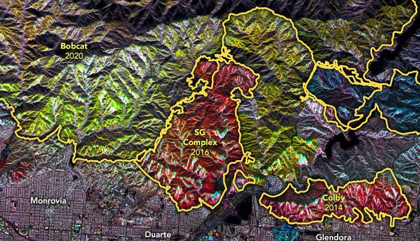 A mosaic of SAR data showing forest fire damage and regrowth over time from various major fire complexes in California. Credits: NASA Earth Observatory 