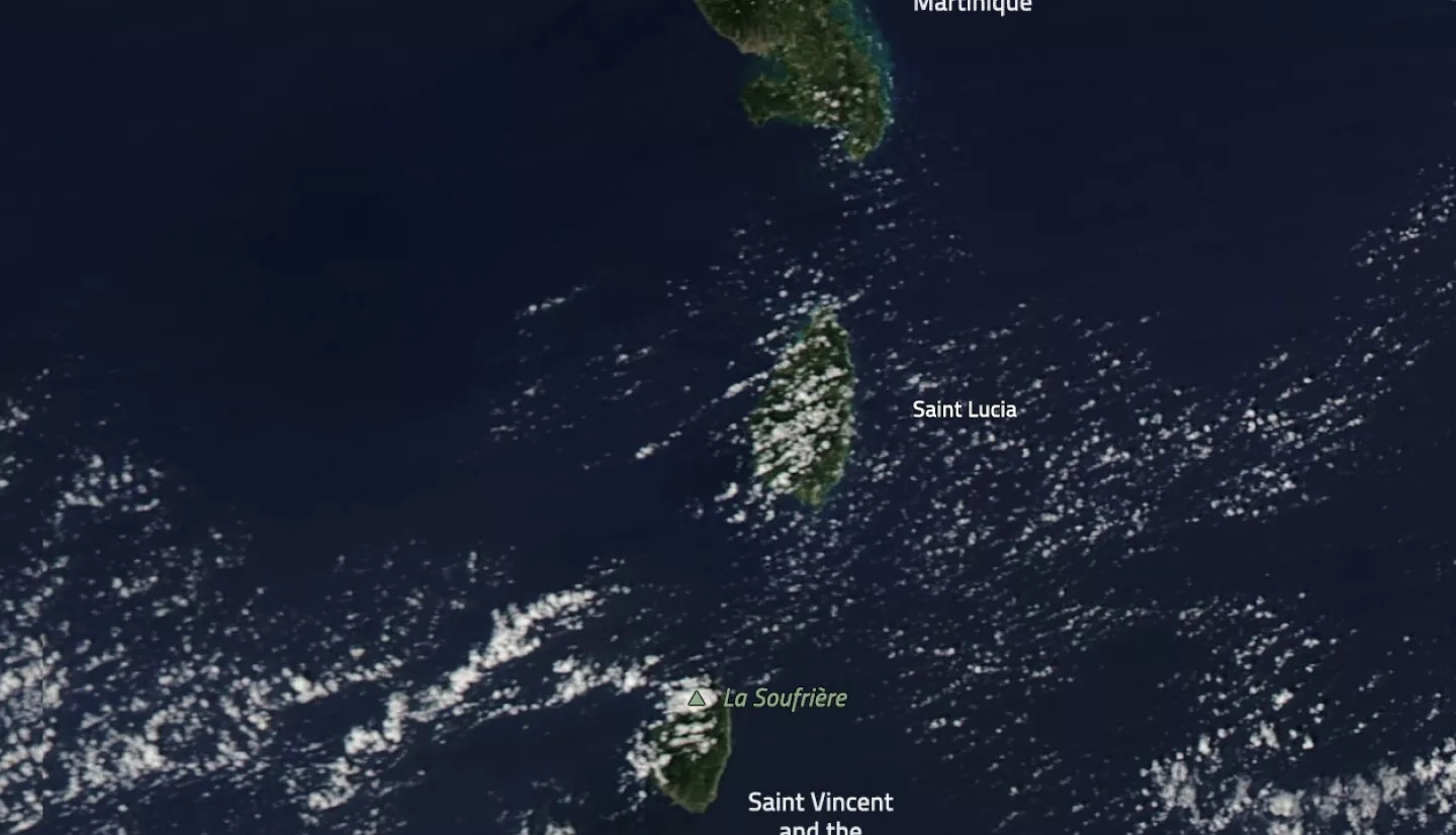 Natural-color image showing the location of the two Caribbean volcanoes, as observed by the MODIS instrument aboard NASA’s Aqua satellite on January 1, 2021. Please note that the white regions are clouds, not volcanic ash. Credit: NASA Worldview