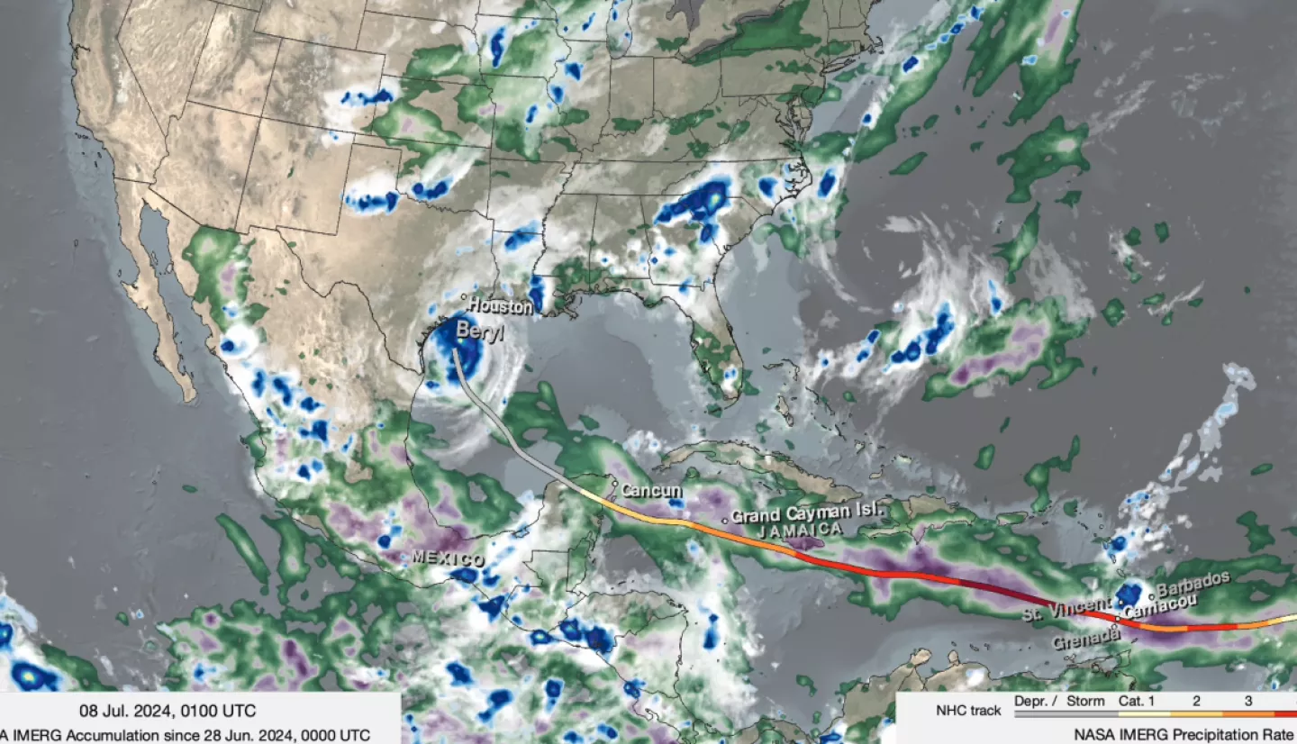 Map of satellite data showing precipitation totals from Hurricane Baryl as it moved across the Caribbean and impacted the Southern U.S.