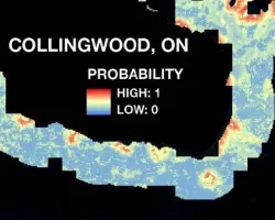 Risk map for Phragmites australis near Collingwood, ON.