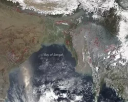 VIIRS natural-color image of fire and smoke in South and Southeast Asia