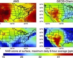 Mean values of North American Background (NAB) ozone in the lowest model layer for the GFDL AM3 and GEOS–Chem. 
