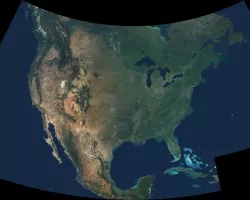 A natural-color image showing cloud-free data from over 500 satellite images of the United States.