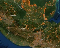 : NASA Fire Information for Resource Management System (FIRMS) map showing fires detected in Guatemala by the Aqua MODIS instrument for the month of April 202