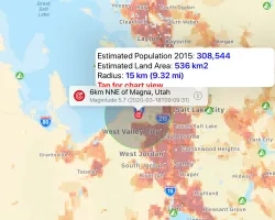 Estimated population in the region (data from 2015) within a radius of a) 15 kilometers and b) 30 kilometers of the March 18th, 2020 earthquake centered near Magna, Utah. 