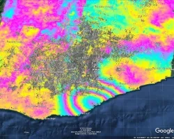 This map produced from JAXA ALOS-2 satellite data shows surface displacement caused by the 7.4 magnitude earthquake in Mexico. Credit: NASA, JAXA Sang-Wan Kim, Batu Osmanoglu, and Min-Jeong Jo