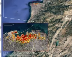 NASA's ARIA team with the Earth Observatory of Singapore, used satellite data to map the extent of likely damage following a massive explosion in Beirut. Dark red pixels represent the most severe possible damage. 