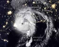 The Visible Infrared Imaging Radiometer Suite (VIIRS) onboard the NOAA-20 satellite acquired this image of Hurricane Laura at 2:50 a.m. CT on August 27, 2020, about two hours after the storm made landfall. Clouds are shown in infrared using brightness temperature data, which is useful for distinguishing cooler cloud structures from the warmer surface below. That data is overlaid on composite imagery of city lights from NASA’s Black Marble dataset. Credit: NASA Earth Observatory