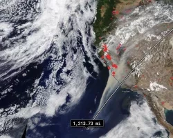 NASA’s Terra satellite captured this imagery showing smoke from the California fires covering a region approximately 1,214 miles wide on August 20th, 2020. 