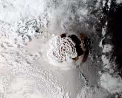 GOES West satellite image of the Jan. 15, 2022, Tonga eruption. 
