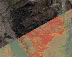 In September 2020, the Mullen fire burned 176,000 Acres in Medicine-bow National Forest, WY. Sentinel-2 true color imagery with a difference normalized burn ratio from June 2021 shows different levels of burn severity (left). Black indicates areas of high severity, while grey represents lower severity. A NASA SRTM digital elevation model and cartographic elevation map overlays a post-fire cheatgrass detection layer (right).
