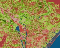 Satellite image showing Venus flytrap habitat in coastal North Carolina. NDVI, derived from Landsat 8 OLI/TIRS sensors from April – July 2021, measures health and density of vegetation. Orange and red represent low and high burn severity, respectively, whereas pink and green represent low and high NDVI. The DEVELOP team used NDVI and fire severity data as input for Venus flytrap habitat suitability models, which botanists can use to support the conservation of Venus flytrap.