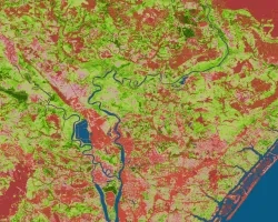 Satellite image showing Venus flytrap habitat in coastal North Carolina. NDVI, derived from Landsat 8 OLI/TIRS sensors from April – July 2021, measures health and density of vegetation. Orange and red represent low and high burn severity, respectively, whereas pink and green represent low and high NDVI. The DEVELOP team used NDVI and fire severity data as input for Venus flytrap habitat suitability models, which botanists can use to support the conservation of Venus flytrap.