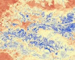 Median daily evapotranspiration (ET) from September 2021 to May 2022 calculated from ISS ECOSTRESS data. The image covers the agricultural fields adjacent to the Maipo River, Chile and depicts water stress. The color scale ranges from red (low ET) to blue (high ET), with higher ET observed over irrigated agricultural fields. ET is used for estimating crop irrigation requirements. This data will inform irrigation management practices and help alleviate water scarcity within the area. 