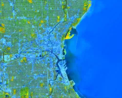 NDWI-processed image derived from Landsat 7 ETM+ data captures the aftermath of a 3-inch rainstorm in Milwaukee, Wisconsin. The composite image shows inundated areas in blue and dried areas in orange a few days after an April 2015 storm. Satellite imagery used in conjunction with hydrological models allow the city to identify areas in need of flood mitigation strategies. 