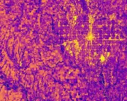 NDVI-processed imagery from Landsat 8 OLI data. This composite image of Wichita, KS, was created using 2018–2022 summer imagery. Lighter shades of yellow indicate limited vegetation in built-up areas and bodies of water, while darker shades of purple indicate dense vegetation. Understanding the spatial distribution of vegetation, such as tree canopy, is essential to recognizing and mitigating heat risk, and prioritizing intervention.​
