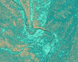 NDWI-processed composite image from Landsat 8 OLI data of the Lower Illinois River Valley and surrounding landscapes from summer 2021. Shades of pale yellow indicate dry vegetation and dark teal represents open water, while brighter turquois values depict wet vegetation. Areas of high NDWI values are demonstrative of high presence of wet vegetation and are of interest to the Great Rivers Land Trust in identifying areas of interest for wetland conservation.