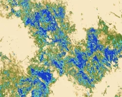 Median June composite of daily evapotranspiration from ECOSTRESS before the start of the Bootleg Fire on July 6th, 2021. Evapotranspiration is shown in millimeters per day across Klamath and Lake counties in Oregon, with dark blue indicating areas with higher evapotranspiration and light tan indicating lower evapotranspiration. Evapotranspiration is an indicator of vegetation moisture and can aid wildfire modeling by locating areas undergoing water-stress and susceptible to fire.