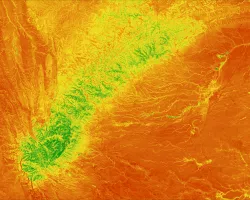 The image displays NDVI calculated over the Guadalupe Mountain Range in Western Texas captured May 2020 by Landsat 8 OLI. Areas shaded green indicate tree canopy while yellow and red areas indicate arid landscapes. NDVI was used to visualize vegetation health and inform the National Park Service’s future management initiatives.