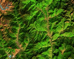 False-color imagery from Landsat 8 surface reflectance. The 2021 median composite image depicts the landscape and vegetation sites in the regions of western Bhutan, specifically the districts of Punakha, Wangdue Phodrang, Thimphu, and Paro. The band combination highlights fallow agriculture fields in light brown, dense urban areas in purple, forest cover in green, snow in light blue, and rocky areas in darker brown.