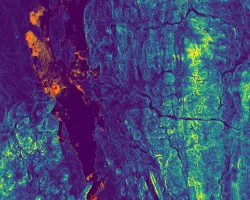 Top layer: NDTI processed imagery of Lake Champlain derived from Landsat 8 TOA data (5/1/21 - 9/30/21). Bright orange and red represent areas of greater turbidity, which often corresponds to algal presence, whilst dark areas indicate low turbidity. Bottom layer: Slope imagery from SRTM (last updated 11/2018) of the Lake Champlain Watershed. Yellow shows areas with higher slopes, which have a greater risk of phosphorus runoff, while blue shows areas with a lesser slope.