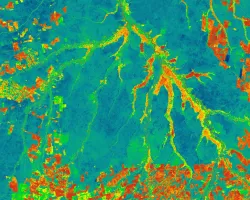NDVI over Mato Grosso, Brazil processed from March 2021 Landsat-8 OLI data. Calculated NDVI values correspond with colors shown to indicate plant health. High NDVI values (green to blue) indicate dense vegetation found in tropical and temperate forests or crops at their peak growth. Low values (yellow to red) depict barren land, water, and moisture-stressed vegetation. These data can support timely and efficient agricultural responses to ensure productive yields and food security.​