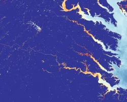 This image of the Chesapeake Bay is derived from NASA Landsat 7 ETM+ and Landsat 8 OLI imagery. It represents median Normalized Difference Turbidity Index (NDTI) turbidity levels from January 2020 through June 2022. Yellow and orange areas indicate higher turbidity levels. This imagery can be used to determine areas of the bay in which turbidity poses a threat to water quality.