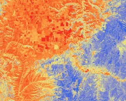 Median daily evapotranspiration (ET) from September 2021 to May 2022 calculated from ISS ECOSTRESS data. The image covers the agricultural fields adjacent to the Maipo River, Chile and depicts water stress. The color scale ranges from red (low ET) to blue (high ET), with higher ET observed over irrigated agricultural fields. ET is used for estimating crop irrigation requirements. This data will inform irrigation management practices and help alleviate water scarcity within the area. ​