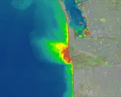Land cover imagery processed from Landsat 8 OLI and ocean turbidity data imagery processed from Sentinel-2 MSI. The Tijuana River stormwater plume off the San Diego coast was mapped from data collected on December 5th, 2019, while the land surface data was collected on April 4th, 2022. Shades of red indicate high turbidity values, while blue areas show normal turbidity values. Areas of high turbidity reflect high concentration of pollutants from stormwater runoff.