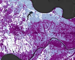 Stormwater retention across Wyandotte County, Kansas. NASA GPM IMERG data for September 2020 – August 2021 and NLCD 2019 Land Cover data were used as model inputs for the InVEST Stormwater Retention Model. One model output included a stormwater retention ratio layer where darker purple values indicate poor stormwater retention and increased flood risk. Areas of poor stormwater retention can then be identified as priority regions for Green Infrastructure initiatives in Wyandotte County.