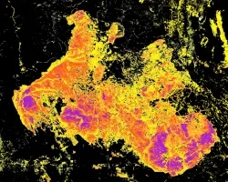 Normalized burn ratio calculated from Landsat 8 imagery both preceding and following the Bootleg Wildfire in the Beatty, Oregon area. The fire burned from July 6th to August 15th during the Summer of 2021 and its footprint shows varying levels of burn severity. Dark purple areas indicate highest severity, shades of red and orange indicate moderate severity, and yellow areas indicate low burn severity. Black areas depict unburned areas.