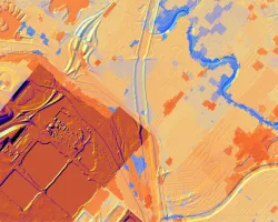 Daytime land surface temperature for Wichita, Kansas summer 2017-2022, retrieved through Landsat 8 TIRS and Landsat 9 TIRS-2 surface temperature. Located in the northwest corner of the city, this image depicts higher temperatures through dark orange hues in developed areas, and lighter orange hues to blue colors where the temperature is lower. The land surface temperature was utilized to construct a heat vulnerability index for the city, looking into disproportionate impacts on underserved communities.