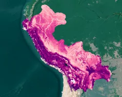Soil organic carbon (SOC) is measured here for a depth of 0-5cm from Soil Moisture Active Passive from January 1, 2021 over Peru and Bolivia. SOC is visualized against combined MODIS landcover data for the year 2000 from Aqua and Terra. Shades of lighter pink indicate lower SOC content and darker shades of pink and purple indicate higher SOC content. Conservation International is interested in mapping areas of high SOC content for their conservation efforts.