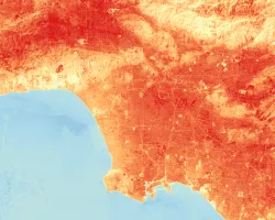 Median land surface temperature (LST) image over Los Angeles from June to August 2022, as derived from Landsat 8 TIRS data. Higher temperatures are shown in red, while cooler temperatures are displayed in blue. LST data can help investigate the impacts of urban cooling initiatives and inform urban planning decisions to mitigate the impacts of heat within the city.